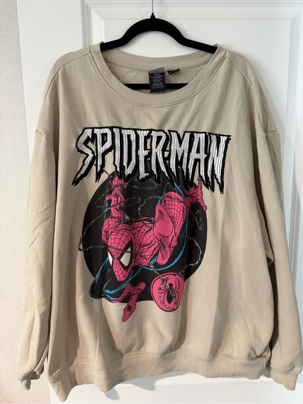Marvel Men's Crewneck Sweatshirt - Beige with Pink & Black Spider-Man Graphic